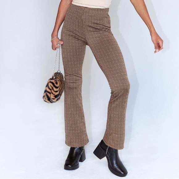 Princess Polly Plaid Brown Tan Pull On Pants 6 Fall Autumn High Rise - Picture 1 of 6